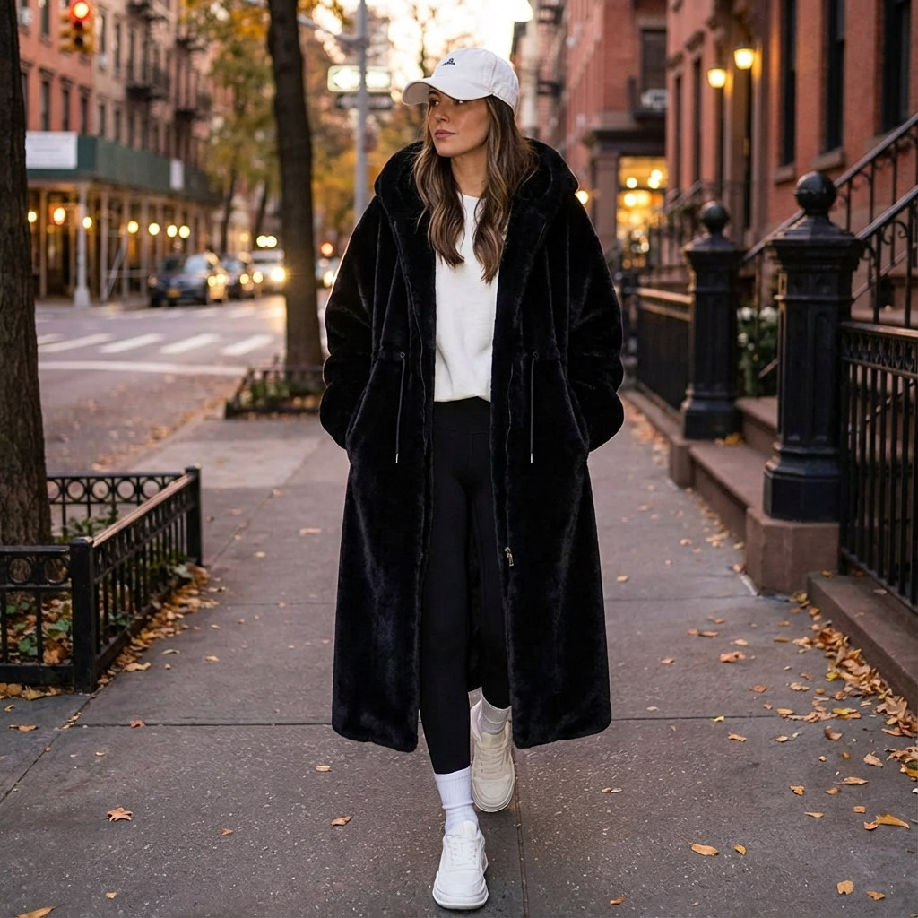 EireneWomen’sHoodedLongCoat|ZipClosure,FauxFurTexture
